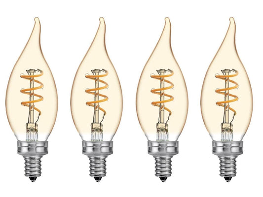 (4 bulbs) GE 36707 Vintage Decorative Bent Tip 3 watt LED Light Bulb (25 watt equivalent), Dimmable with amber finish and meandering spiral filament, candelabra base